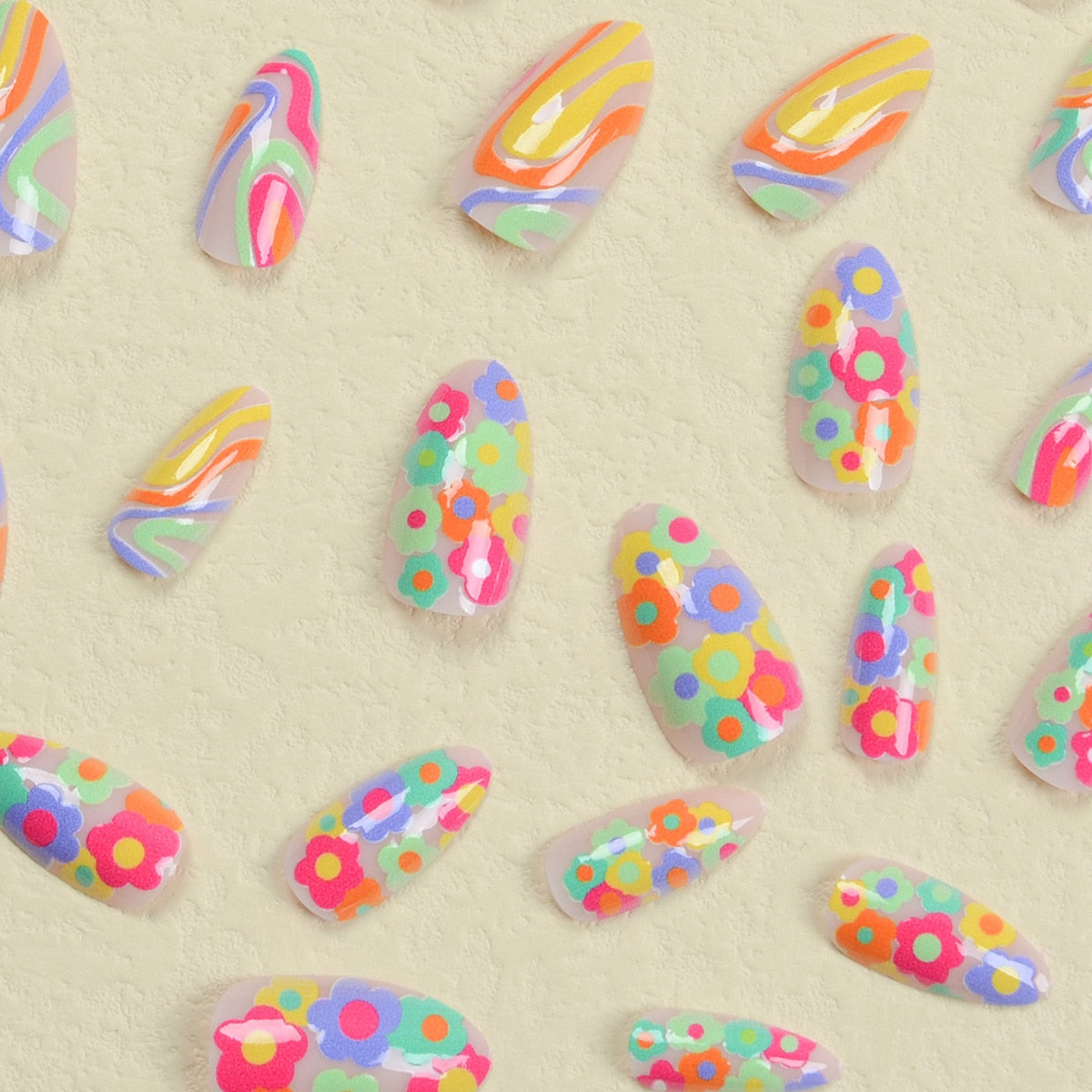 Maytrends 24pcs Girlish Colorful Graffiti Nail Art Fake Nails With Plants Flowers Patterns Short Press on False Nails With Wearing Tools