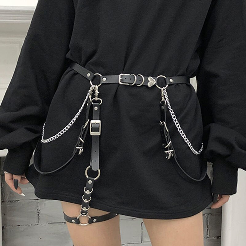 Maytrends Women Skirt Belt Female Pu Leather Hip Hop Rock Nightclub Sexy Jeans Dress Heart Punk Belt with Metal Waist Chain