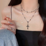 Sweet Cool Double Layer Cross Necklace Female Black High Grade Spicy Girl Collar Chain Birthday Party Bar Jewelry Accessories