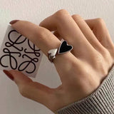 Trendy Two-color Black Heart Rings For Women Minimalist Aesthetic Drop Of Oil Open Rings Female Metal Punk Party Jewelry