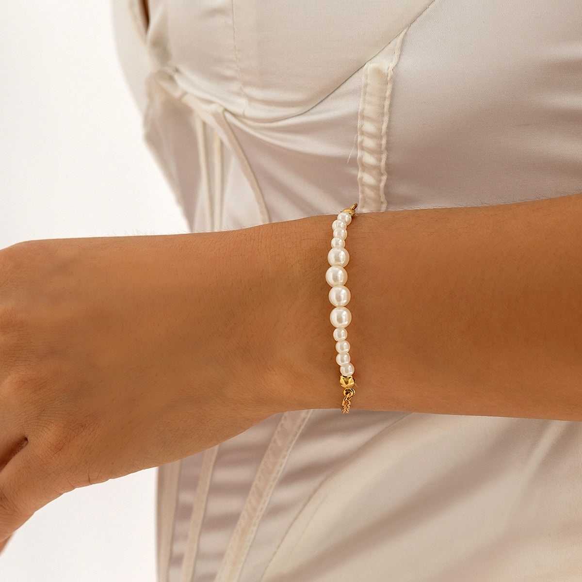 Maytrends Fashion Imitation Pearl Beads Metal Chain Bracelet For Women Elegant Simple Metal Bracelet Wedding Jewelry Gift