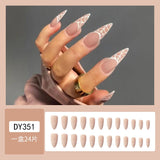 24pcs Nude Color Press on Nails French Spider Pattern Long Pointed False Nail Patch for Women Lady European Acrylic Nail Tips