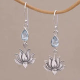 Maytrends Simple Water Drop Inlaid Sea Blue Stone Hook Earrings Vintage Metal Silver Color Carving Lotus Dangle Earrings for Women