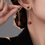 Korean Romantic Diamond Heart Rose Tassel Earrings Black Red Charm Jewelry Birthday Party Anniversary Accessories