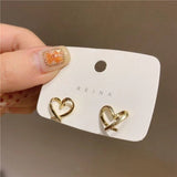 Korea Heart Gold Color Metal Geometric Hollow Simple Shape Stud Earrings for Women Aesthetic Jewelry