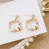 Spring Hollow Wreath Flower Earrings For Women Crystal Zircon Sweet Bee Butterfly Stud Earring Girl Wedding Party Jewelry