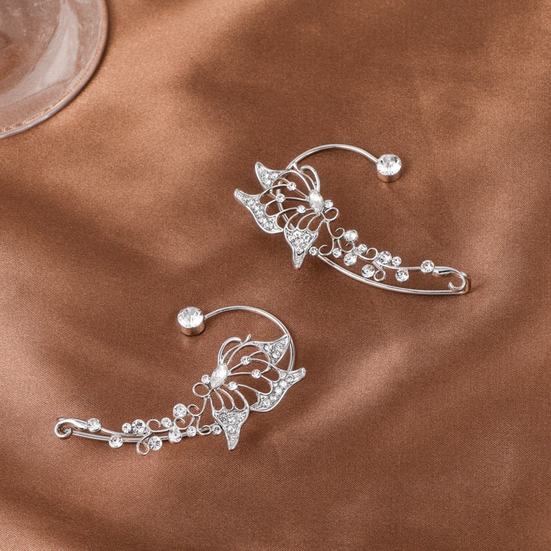 Korean Elf Butterfly Ear Cuff Without Piercing Clip Earrings for Women Elegant Sparkling Zircon Crystal Ear Clip Wedding Jewelry