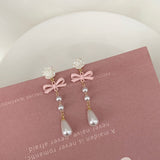 Cute Pearl Tassel Flower Earrings Fashion Bow Pendant Earrings Birthday Party Holiday Jewelry Gift Accessories