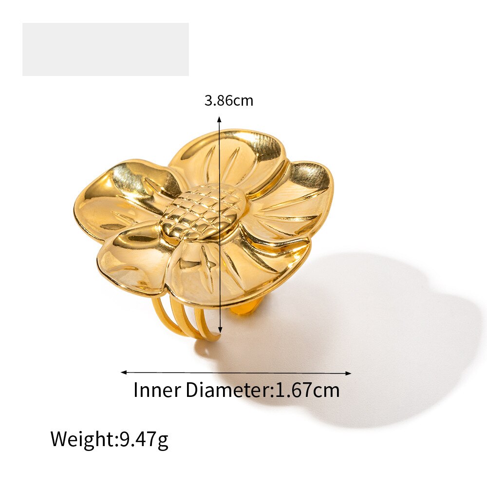 Maytrends Punk Personality 18K Gold Plated Flower Ring for Women Stainless Steel Polished Sumflower Opening Finger Ring Wed Jewelry New