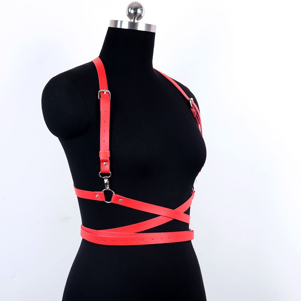 Maytrends Gothic Handmade PU Leather Harness Belts Fashion Faux Leather Cage Vest Chest Sculpting Body Strap Waist Belt Cincher Harajuku