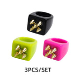 Maytrends 3pcs New Fashion Multicolor Resin Acrylic Geometric Square Ring Set for Women Punk Gold Color Rivet Big Thick Rings Jewelry