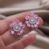 South Korea New Design Fashion Jewelry Luxury Full Pink Zircon Flower Earrings Elegant Women's Wedding Party Accessories