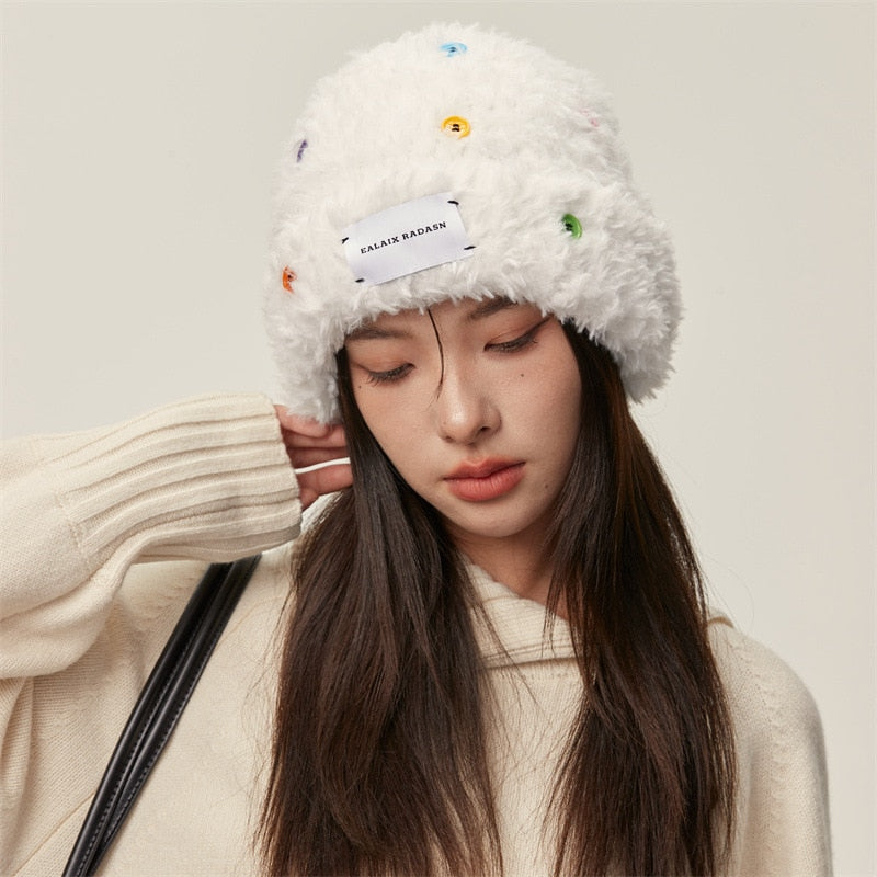 Maytrends New Y2k Colorful Button Plush Beanies Hat Women Knitting Warm Fluffy Bucket Hat Female Winter Outdoor Loose Fisherman Cap