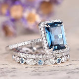 Fashion Square Blue Cubic Zirconia 3Pcs Set Rings Women Wedding Engagement Luxury Accessories Bling Bling Female Jewelry