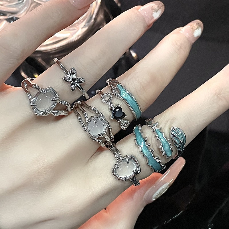 Maytrends Minimalist Geometric Irregular Blue Rings for Women Creative Silver Color Punk Unique Design Egirl Finger Rings Jewelry