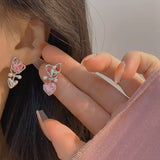 New Fashion Pink Zircon Love Pearl Earrings Women Asymmetric Exquisite Sweet Cool Hot Girl Simple Versatile Earring Jewelry Gift