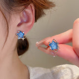 Sweet Blue pentagram Earrings Zircon Simple Temperament Advanced Star Earrings Party Jewelry Gift Accessories