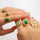 Maytrends Vintage Geometric Malachite Stainless Steel Rings Gold Plated Metal Green Natural Stone Open Ring Waterproof Jewelry Female Gift