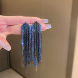 Maytrends Exaggerated Blue Rhinestone Crystal Geometric Flower Long Tassel Earrings for Women Cool Drop Dangling Earring Party Jewelry