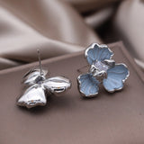 Korea New Design Fashion Jewelry Blue Enamel Oil Drop Flower Zircon Earrings Elegant Women's Daily Work Accessories