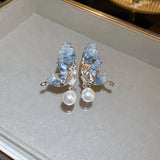 Korean Fashion Blue Crystal Butterfly Dangle Earrings For Women Girls Elegant Pearl Pendant Pendientes Jewelry Gifts