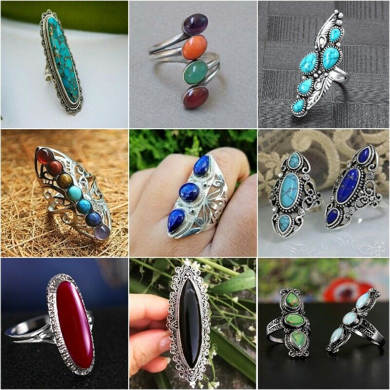 Vintage Women's Ring Bohemian Exaggerated  Ring Inlaid Big Stone Antique Silver Color Engraving Classic Ladies Jewelry
