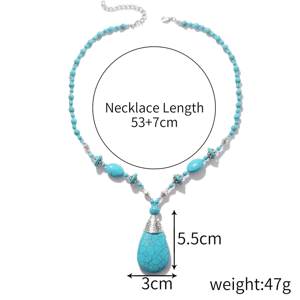 Ethnic Style Long Natural Turquoise Pendant Necklace Occidental Bohemian Necklace Holiday Fashion Party Jewelry Gift Accessories