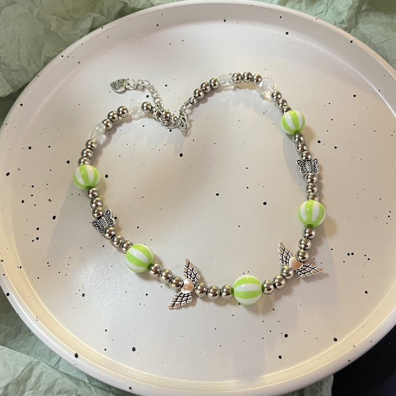 Maytrends Trendy Baroque Pearl Choker Necklace Transparent Green Glass Heart Pendant Necklaces for Women Girls Y2K Jewelry Gift