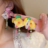 Korean Love Tulle Flower Green Stone Jade Tassel Drop Earrings For Women Fashion Pendientes Party Jewelry Gifts