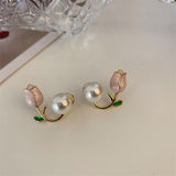 Korea New Fashion Jewelry Sweet Pink Enamel Colorful Tulip Hook Pearl Earring Cute Girl Gifts Elegant Women Everyday Accessories