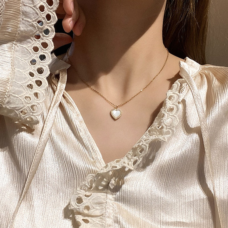 Korean Fashion Vintage Hollow Pink Crystal Heart Pendant Silver Color Chain Neck Necklace For Women Wedding Aesthetic Jewelry