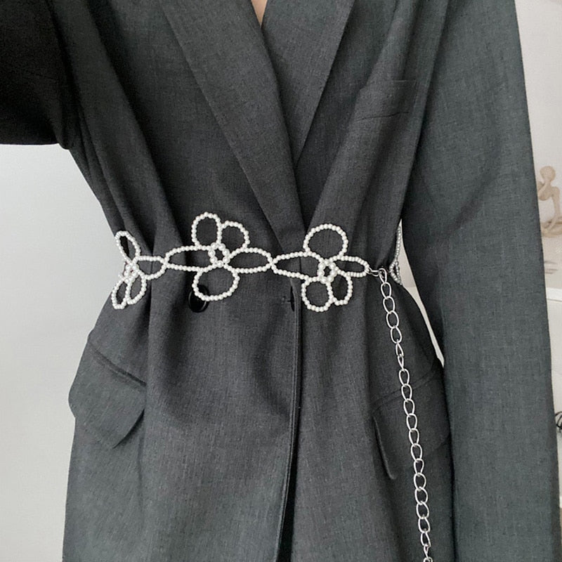 Maytrends New Brand Fashion Pearl Flower Decoration Strap Belt Waist Chain Female Girl Decorative Harness Waistband