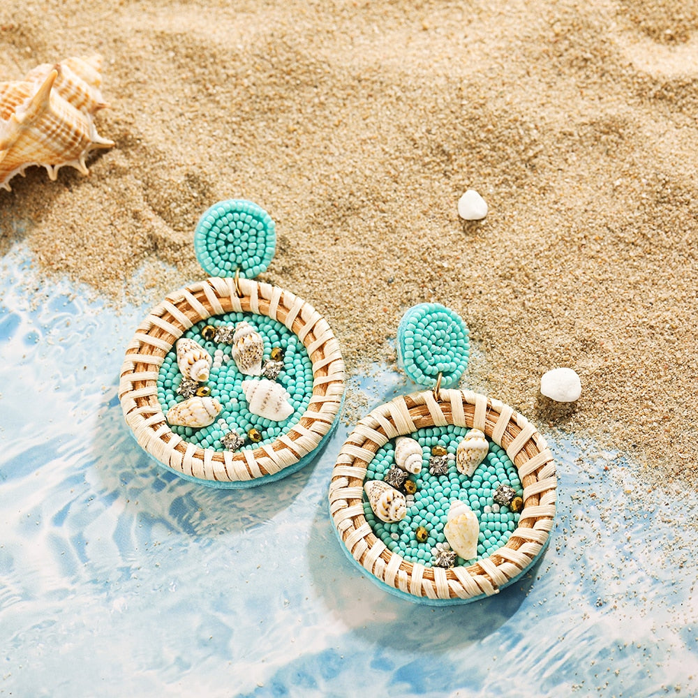 Maytrends Bohemia Handmade Beaded Stone Rhinestone Shell Turtle Dangle Earrings for Women Girls Starfish Earrings Summer Beach Jewelry