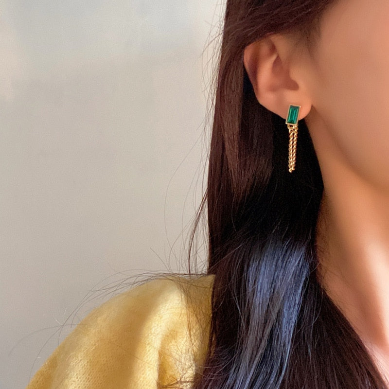 Maytrends Vintage Green Crystal Stainless Steel Chain Earrings for Women New Trendy Geometric Rectangle Zircon Ear Stud Piercing Jewelry