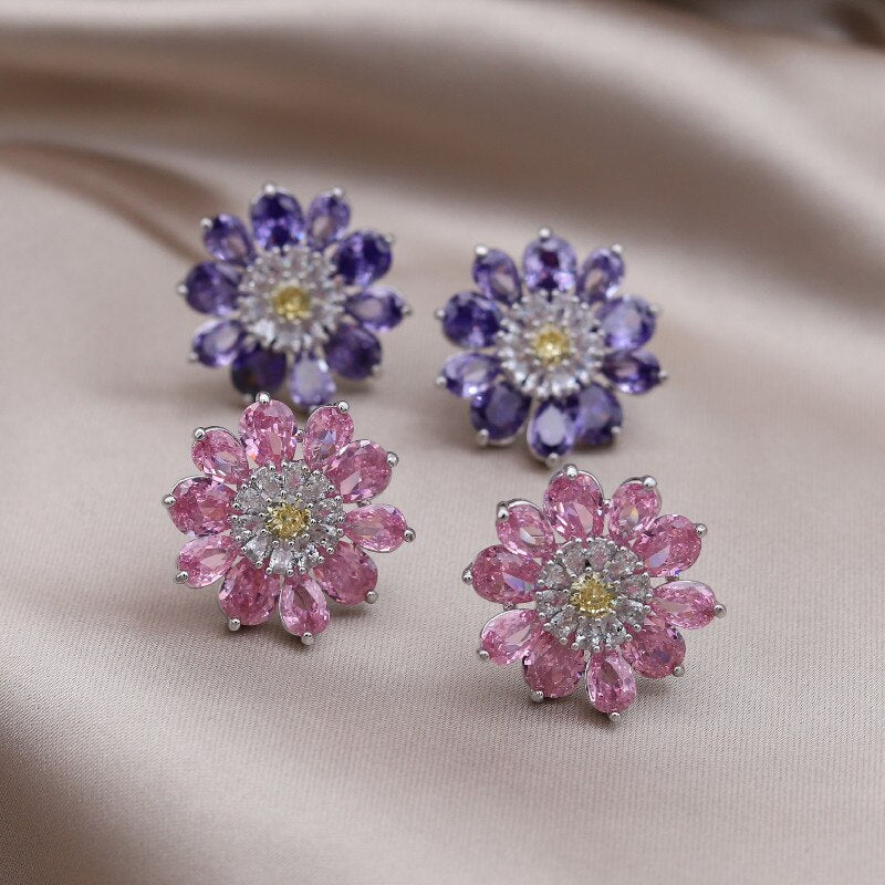 South Korea New Design Fashion Jewelry Luxury Full Pink Zircon Flower Earrings Elegant Women's Wedding Party Accessories