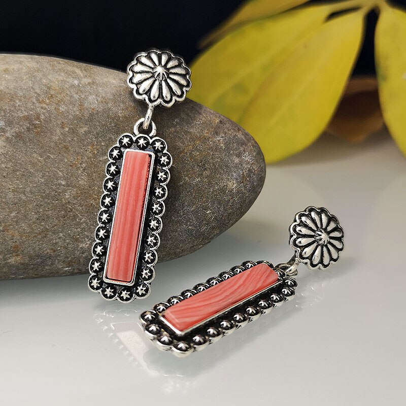 New Vintage Geometric Long Red Coral Color Stone Earrings Ethnic Accessories Antique Flower Metal  Drop Dangle Earring