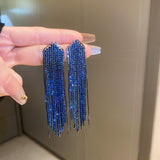 Maytrends Exaggerated Blue Rhinestone Crystal Geometric Flower Long Tassel Earrings for Women Cool Drop Dangling Earring Party Jewelry