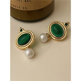 Maytrends Brass Retro Green Stone Shell Pearl Earrings Women Jewelry Punk Party T Show Gown Runway Trendy  Korean Japan  Style INS