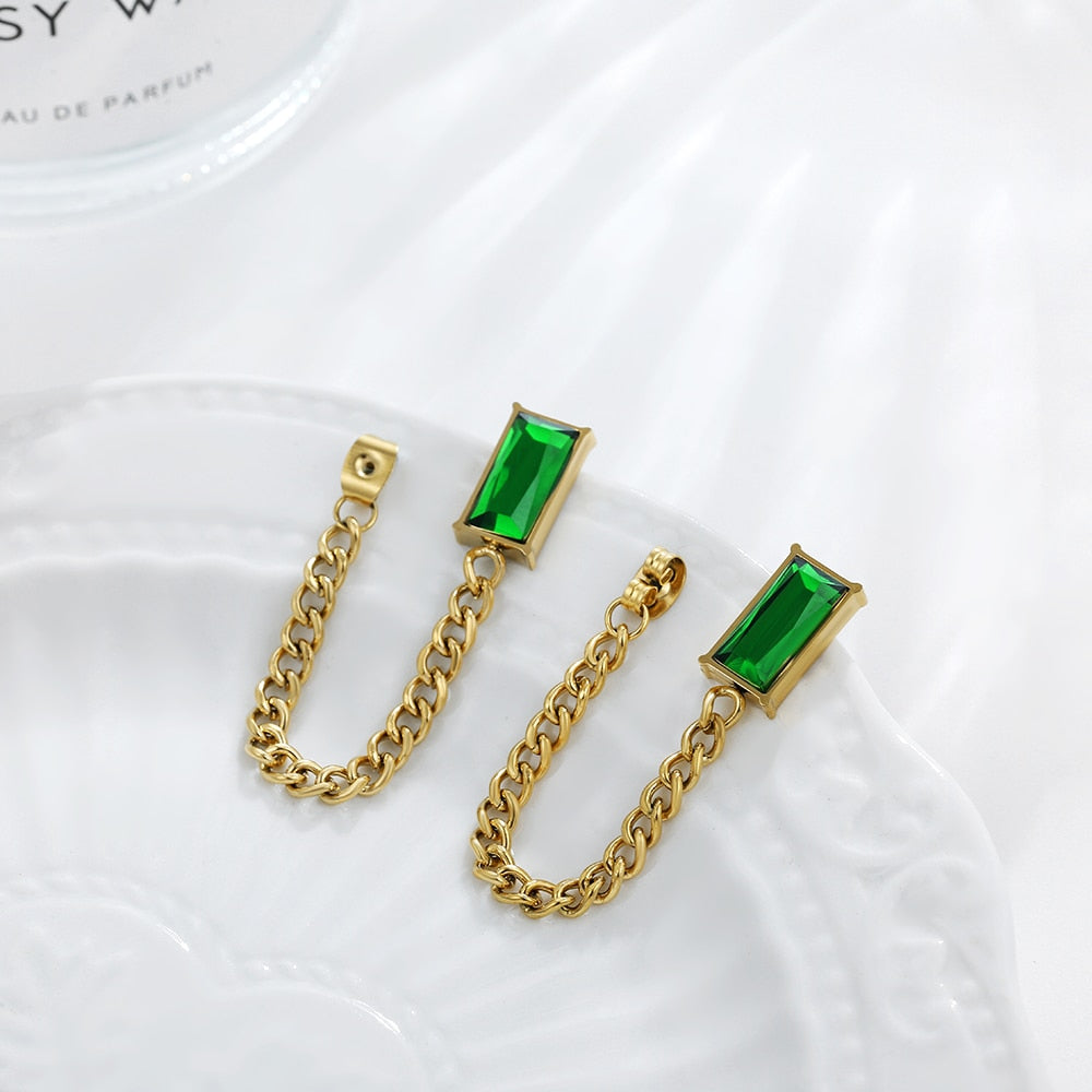 Maytrends Vintage Green Crystal Stainless Steel Chain Earrings for Women New Trendy Geometric Rectangle Zircon Ear Stud Piercing Jewelry