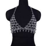 Maytrends Short Acrylic Top Women Sexy V-Neck Backless Halter Crystal Bra Masquerade Stage Party Fashion Body Chain Jewelry Accessories