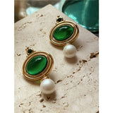 Maytrends Brass Retro Green Stone Shell Pearl Earrings Women Jewelry Punk Party T Show Gown Runway Trendy  Korean Japan  Style INS