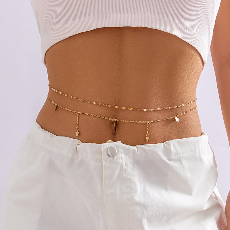 Maytrends Vintage Aesthetic Gold Color Metal Long Tassel Butterfly Waist Belly Chain Simple Geometric Body Jewelry Sexy Bikini Accessories