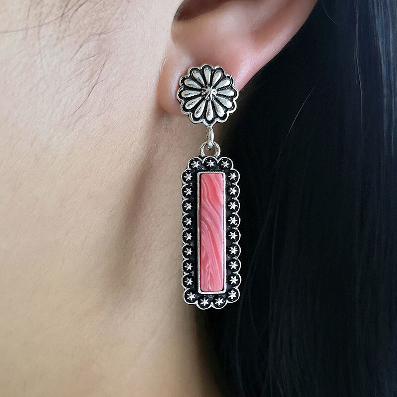 New Vintage Geometric Long Red Coral Color Stone Earrings Ethnic Accessories Antique Flower Metal  Drop Dangle Earring