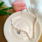 Unique Necklace for Women Trendy Elegant Asymmetry Chain Pearls Smooth LOVE Heart Bride Jewelry Lover Gifts