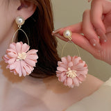Maytrends New Bohemian White Pink Big Cloth Flower Earrings For Women Statement Jewelry Handmade Pearl Bowknot Tassel Pendientes