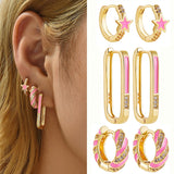 Maytrends Cute Pink Color Enamel Geometric Square Star Huggies Earring New Trendy CZ Zirconia Twist Hoop Earrings Set Female Jewelry Gift