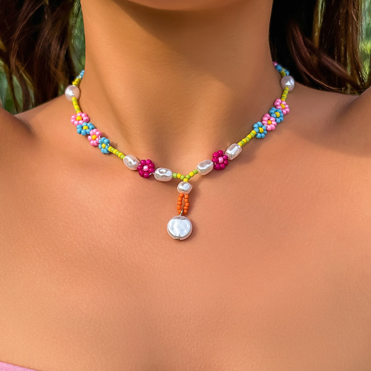 Maytrends Simulated Pearls Cute Flowers Colorful Hand-woven Beaded Short Clavicle Chain Choker Necklace For Women Girls Jewelry