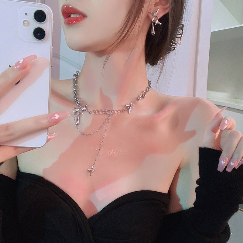 Fashion Star Chain Necklaces Y2K Zircon Crystal Beads Tassel Necklace Aesthetic Star Heart Choker Necklaces Jewelry Gift