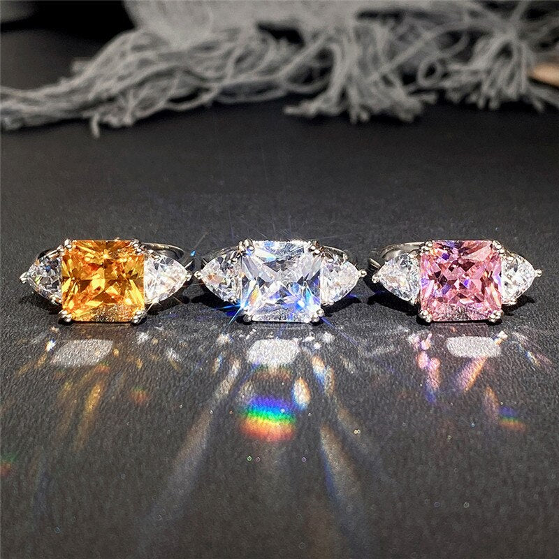 New Fashion Princess Square Cubic Zirconia Ring White/Pink/Yellow CZ Luxury Fashion Women's Rings Hot Jewelry Wholesale