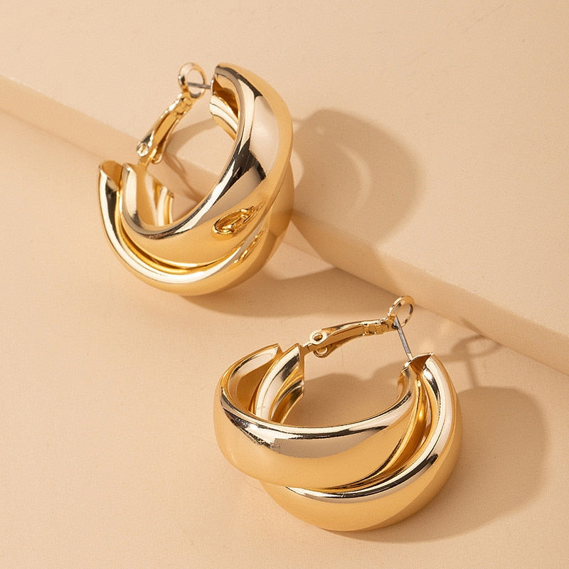New Classic Gold Color Smooth Metal Hoop Earrings For Woman Fashion Korean Jewelry Temperament Girl's Daily Wear Earrings
